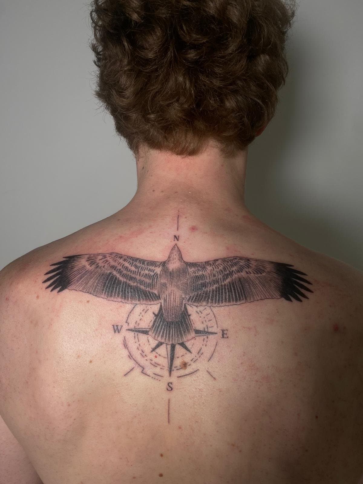 Fine line eagle with spread wings above a compass rose, high on the back