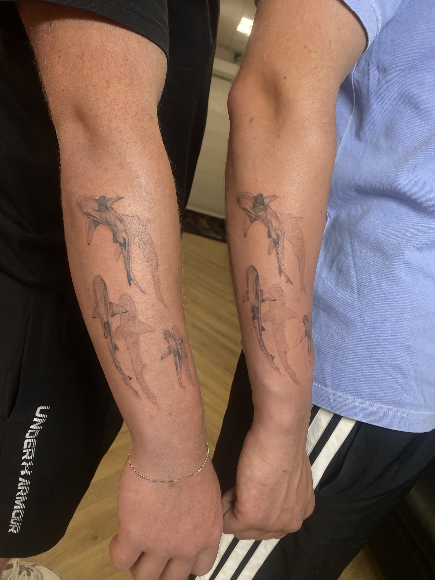 Two forearms side by side carrying the same fine line sharks