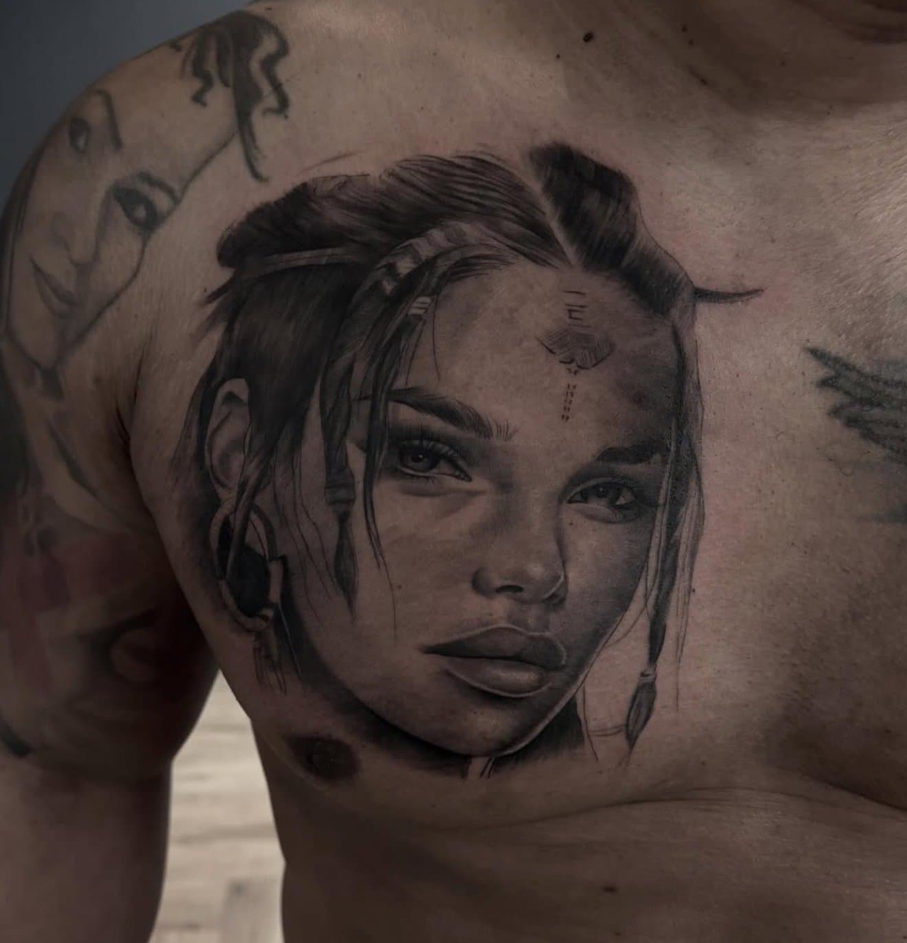 Realistic portrait of a woman with braids and feathers, across the chest